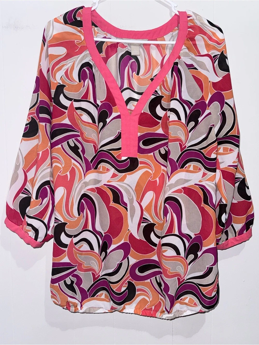 Banana Republic Retro Swirl 3/4 Sleeve Bubble Hem Henley Blouse Sz L - Picture 1 of 4